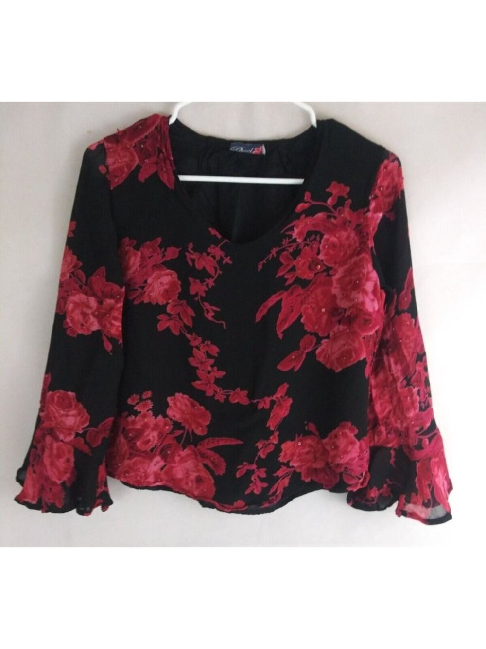 Phool Women's Lined Lace Beaded Floral Bell Sleeve Blouse Size S/M